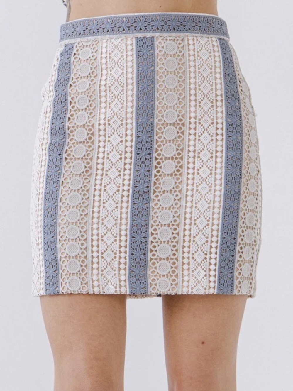 Endless Rose Blue and Cream Lace-Striped Pencil Skirt